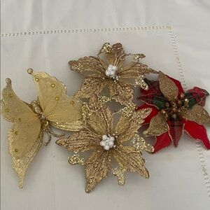 Gold and Red Decorative  clip on Ornaments butterfly and poinsettias
